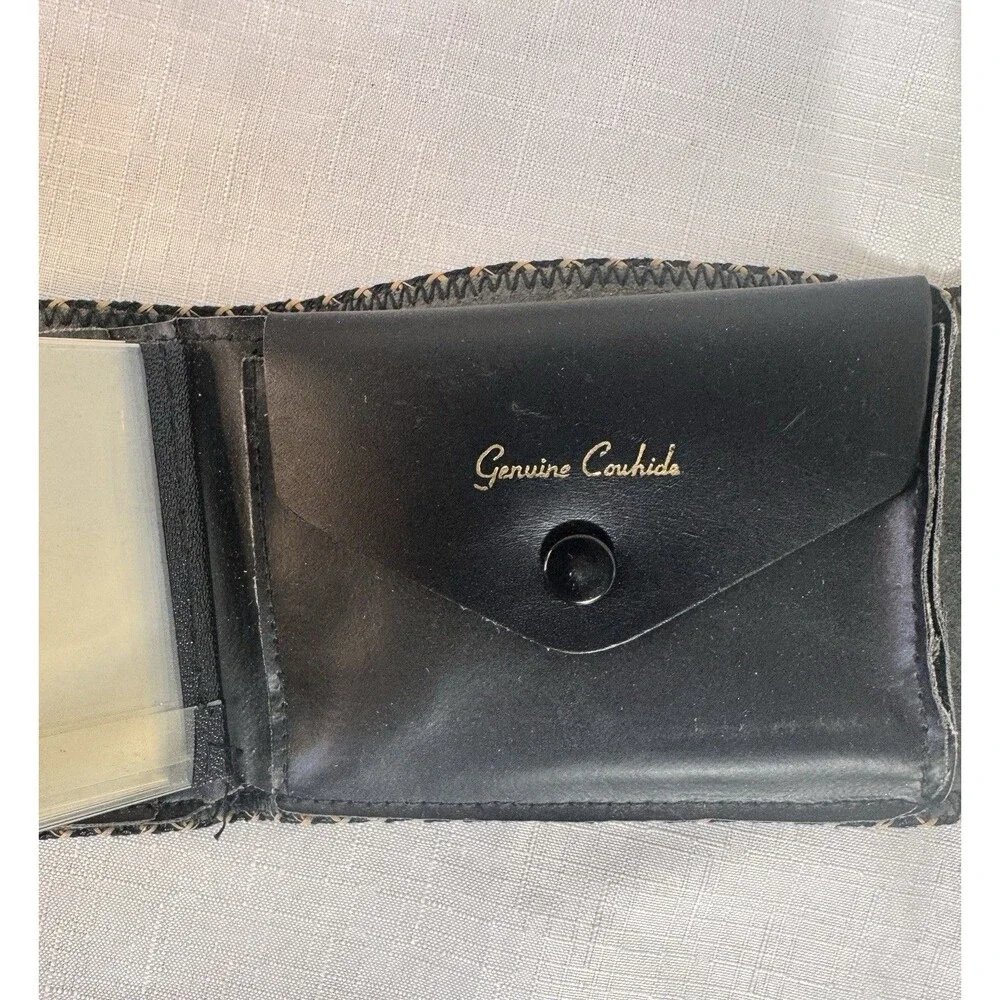Vintage Western Genuine Cowhide Leather Tri-Fold Wallet Black Art Deco Design